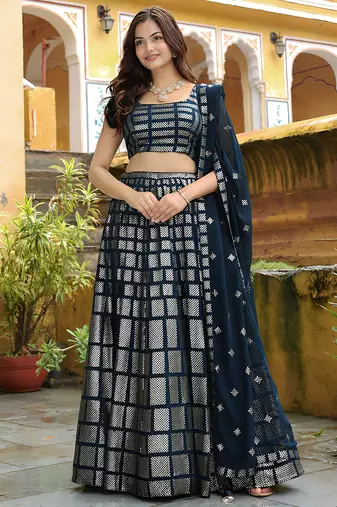 blue net embroidered lehenga choli with dupatta