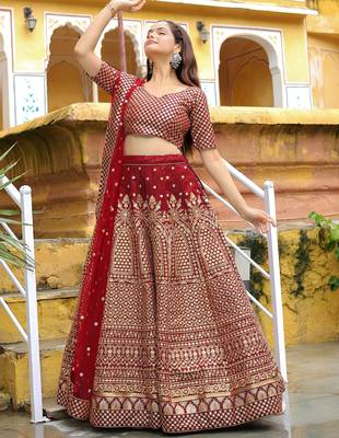 maroon silk blend embroidered lehenga choli with dupatta 5