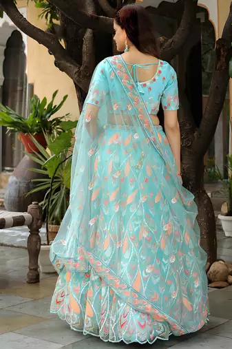 sky blue silk blend embroidered lehenga choli with dupatta