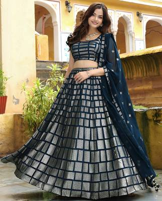 blue net embroidered lehenga choli with dupatta 2