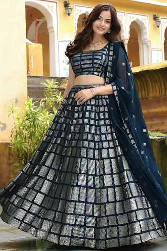 blue net embroidered lehenga choli with dupatta
