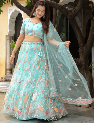 sky blue silk blend embroidered lehenga choli with dupatta 4