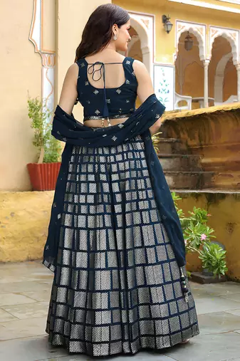 blue net embroidered lehenga choli with dupatta