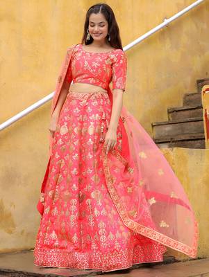 peach net embroidered lehenga choli with dupatta 5
