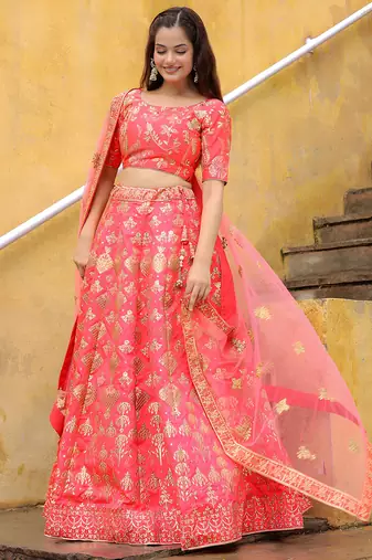 peach net embroidered lehenga choli with dupatta