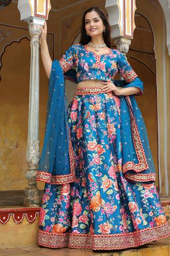 blue art silk embroidered lehenga choli with dupatta