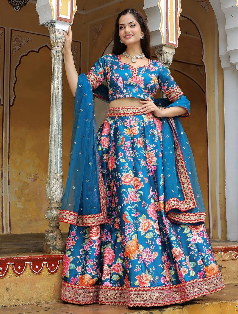blue art silk embroidered lehenga choli with dupatta