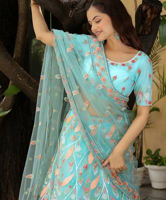 sky blue silk blend embroidered lehenga choli with dupatta 5