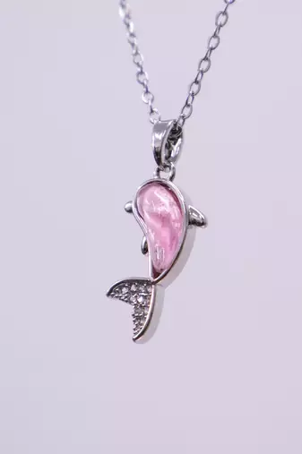 Silver mermaid tail pendant necklace for women | pink stone charm