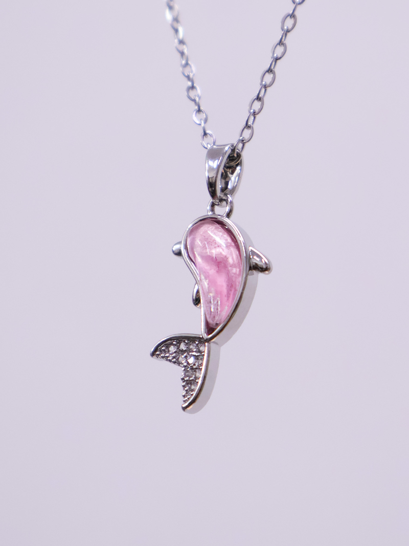 Silver mermaid tail pendant necklace for women | pink stone charm