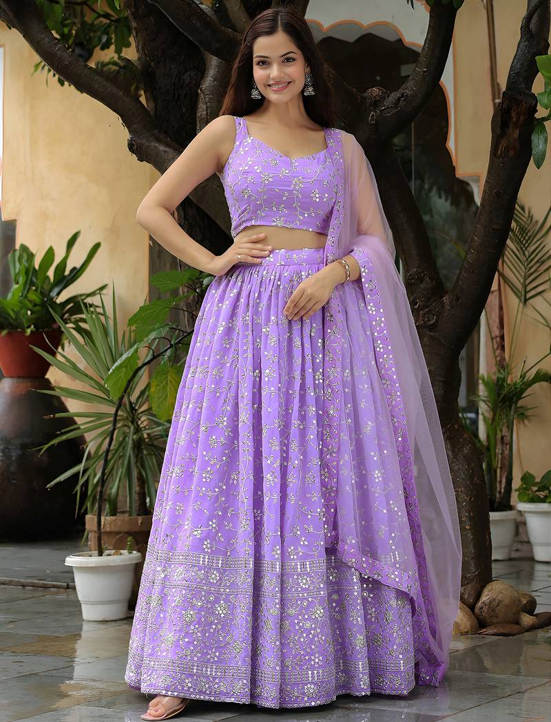 lavender georgette embroidered lehenga choli with dupatta