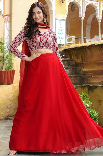 red georgette embroidered lehenga choli with dupatta