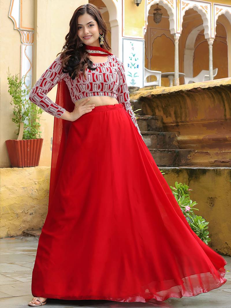 red georgette embroidered lehenga choli with dupatta