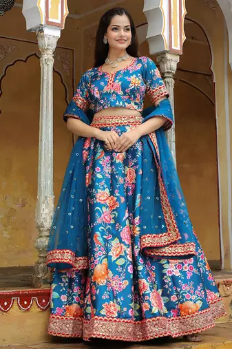 blue art silk embroidered lehenga choli with dupatta