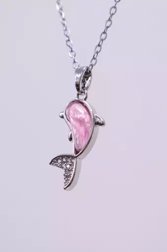 Silver mermaid tail pendant necklace for women | pink stone charm