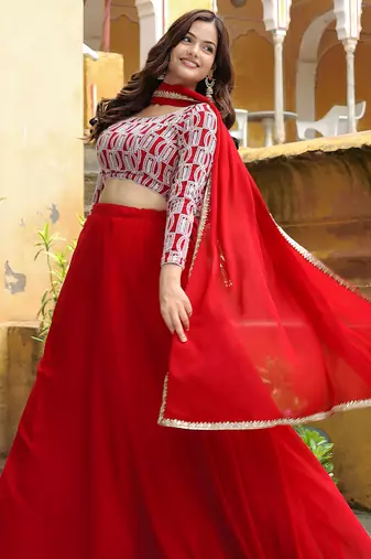 red georgette embroidered lehenga choli with dupatta