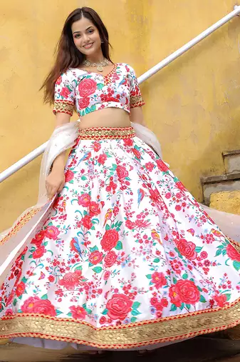 white art silk embroidered lehenga choli with dupatta