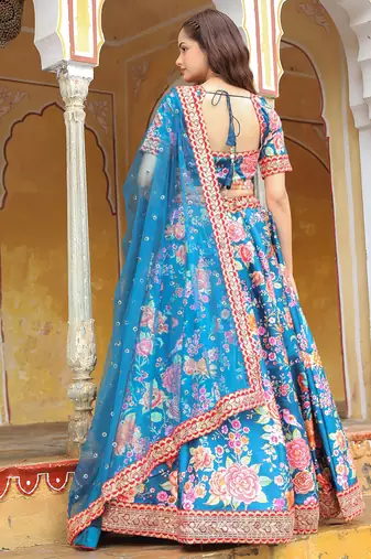 blue art silk embroidered lehenga choli with dupatta