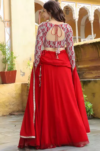 red georgette embroidered lehenga choli with dupatta