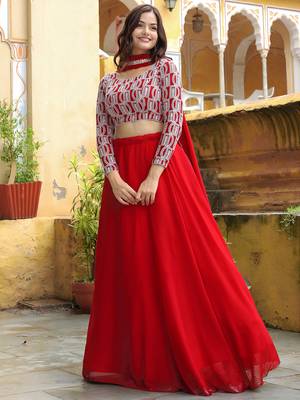 red georgette embroidered lehenga choli with dupatta 4