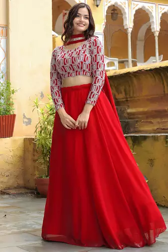 red georgette embroidered lehenga choli with dupatta