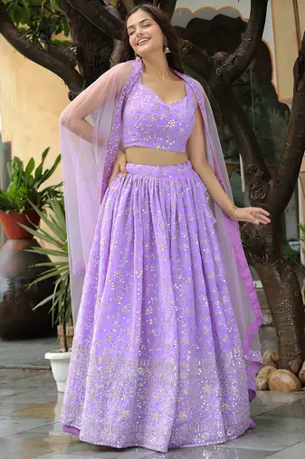 lavender georgette embroidered lehenga choli with dupatta