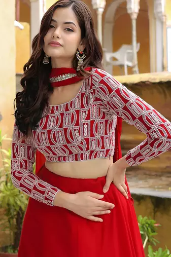 red georgette embroidered lehenga choli with dupatta