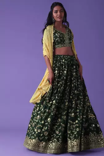 green georgette embroidered lehenga choli with dupatta