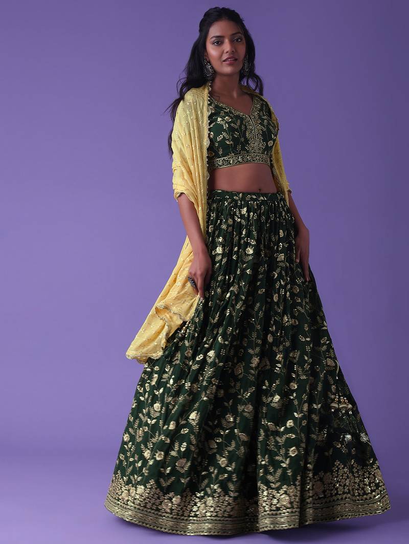 green georgette embroidered lehenga choli with dupatta