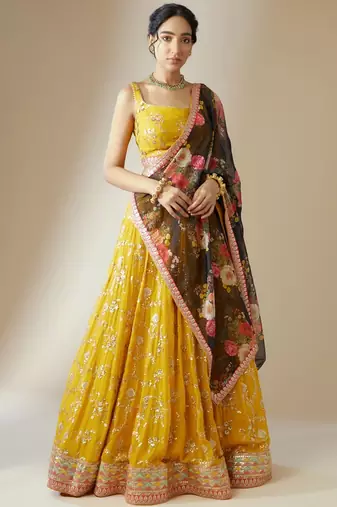 yellow georgette embroidered lehenga choli with dupatta