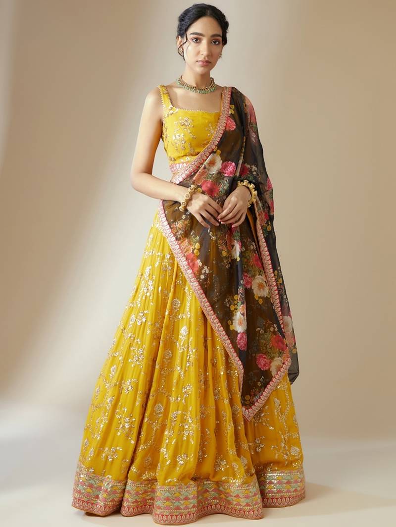 yellow georgette embroidered lehenga choli with dupatta