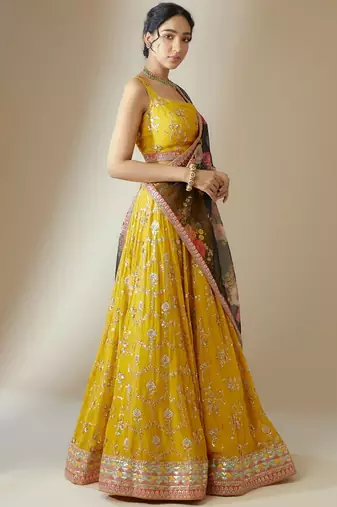yellow georgette embroidered lehenga choli with dupatta