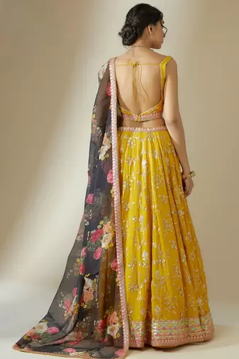 yellow georgette embroidered lehenga choli with dupatta