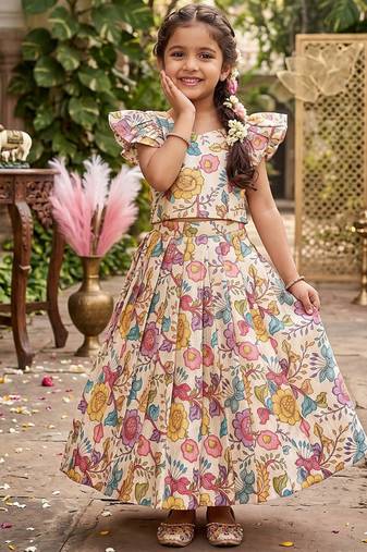 Kota chex fabric with floral printed kids lehenga choli
