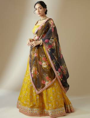 yellow georgette embroidered lehenga choli with dupatta 4