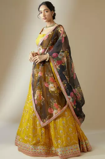 yellow georgette embroidered lehenga choli with dupatta