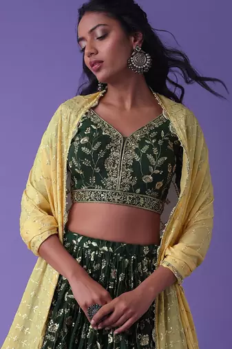 green georgette embroidered lehenga choli with dupatta