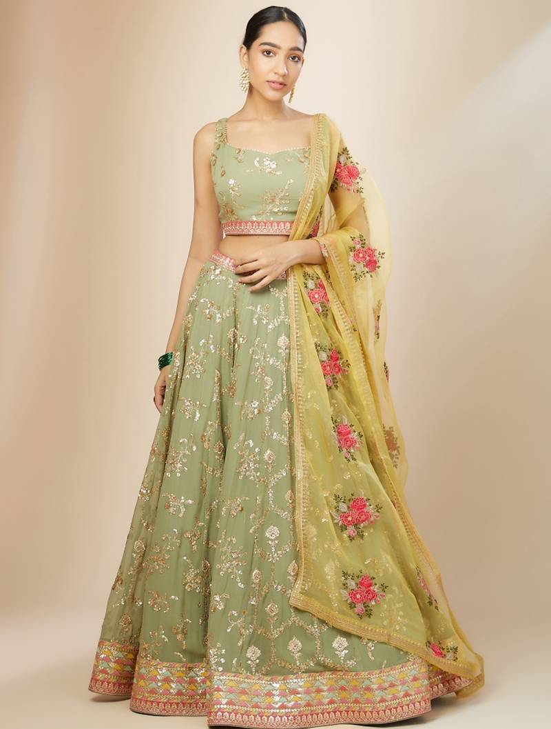 light green georgette embroidered lehenga choli with dupatta