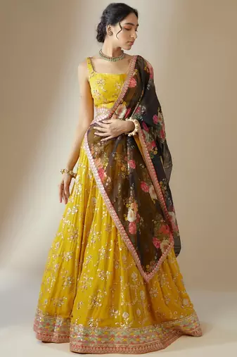 yellow georgette embroidered lehenga choli with dupatta