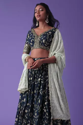 blue georgette embroidered lehenga choli with dupatta