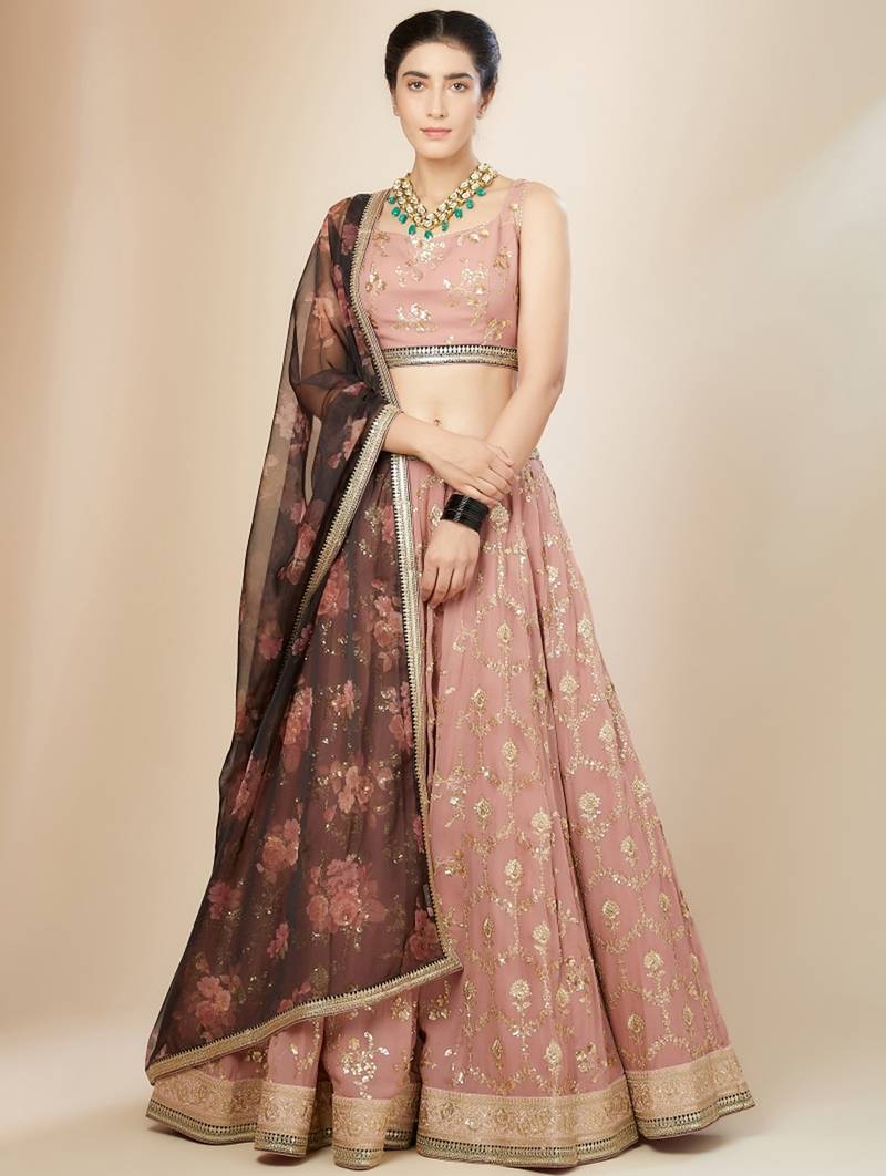 pink georgette embroidered lehenga choli with dupatta
