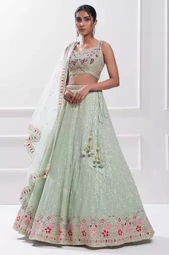 sky blue georgette embroidered lehenga choli with dupatta
