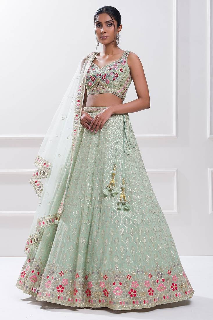 sky blue georgette embroidered lehenga choli with dupatta