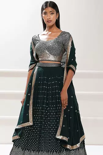 green georgette embroidered lehenga choli with dupatta