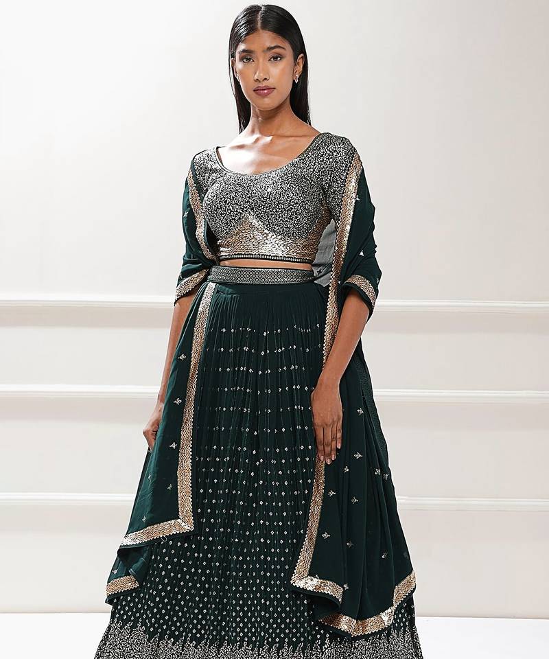 green georgette embroidered lehenga choli with dupatta