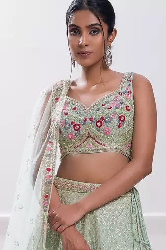 sky blue georgette embroidered lehenga choli with dupatta
