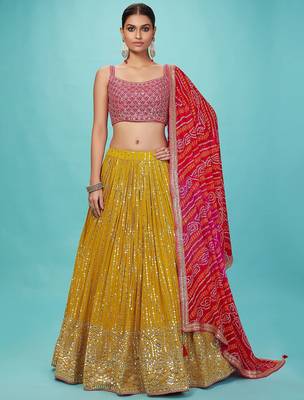 yellow georgette embroidered lehenga choli with dupatta 1