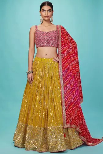 yellow georgette embroidered lehenga choli with dupatta