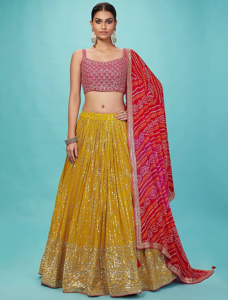 yellow georgette embroidered lehenga choli with dupatta