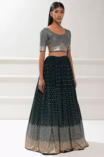 green georgette embroidered lehenga choli with dupatta